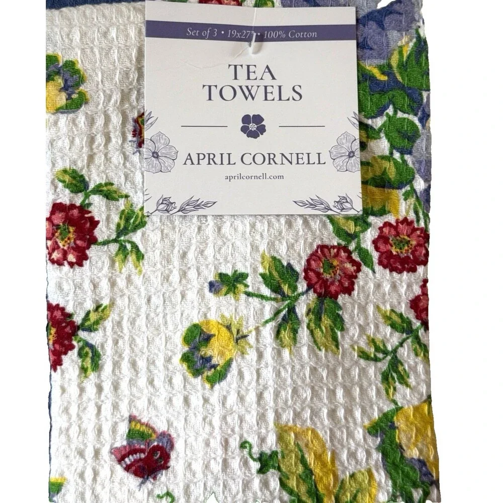 April Cornell Kitchen Dish Towels Penny's Patio Waffle Weave White Blue Set of 3